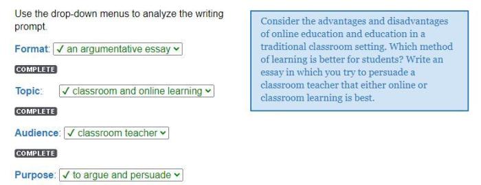 Use the drop-down menus to analyze the writing prompt.